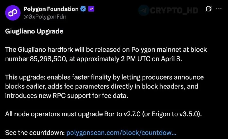 В Polygon активируют хардфорк Giugliano для ускорения финализации транзакций