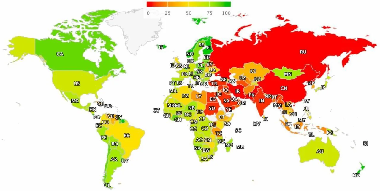 Россия заняла предпоследнее место в мировом рейтинге свободы интернета