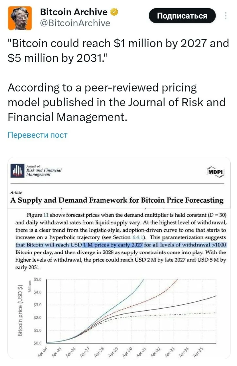 Аналитики прогнозируют рост биткоина до 5 млн долларов к 2031 году