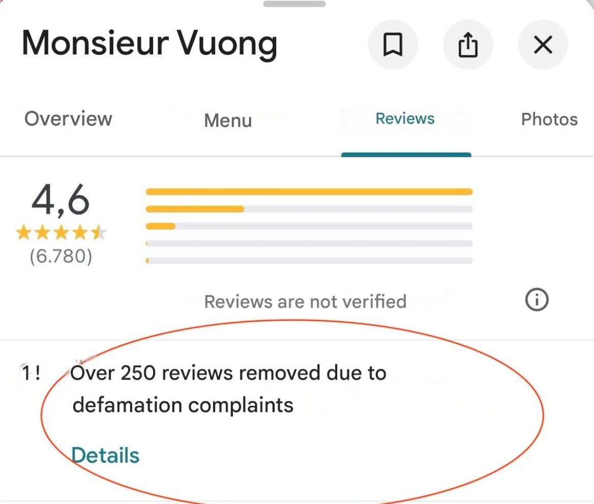 Google начал отображать количество удаленных отзывов в профилях компаний