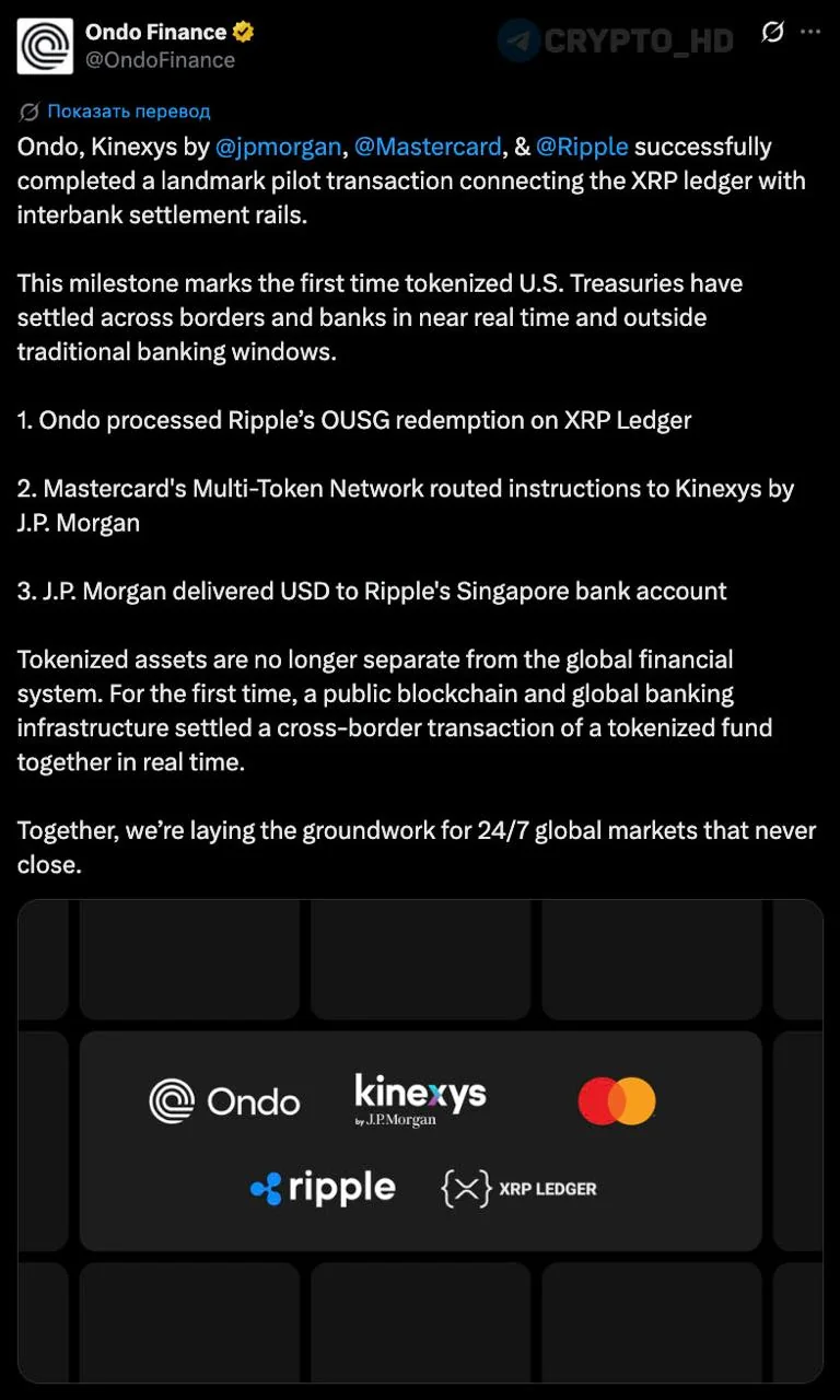 JPMorgan, Mastercard, Ondo Finance и Ripple провели первую трансграничную сделку с токенизированными гособлигациями США