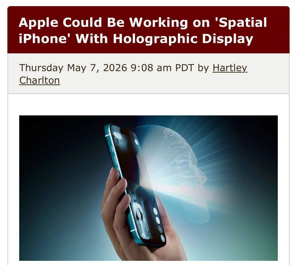 Apple разрабатывает смартфон с голографическим дисплеем без очков