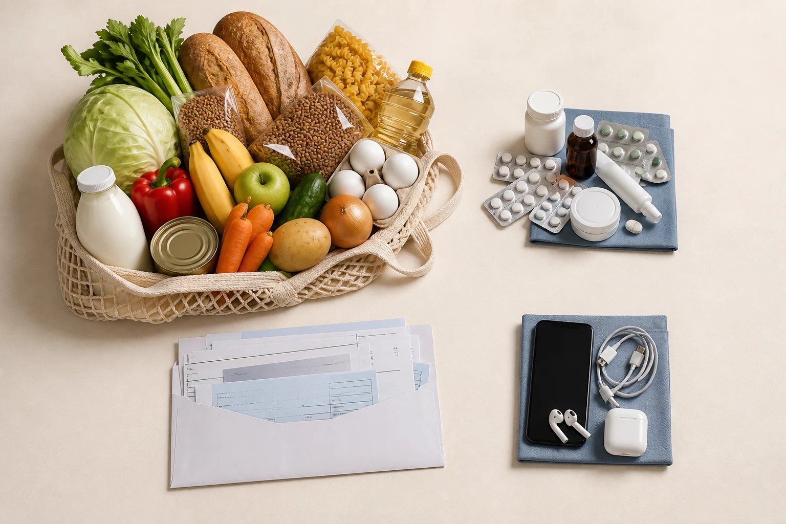 Набор расходов семьи: продукты, лекарства, счета и электроника