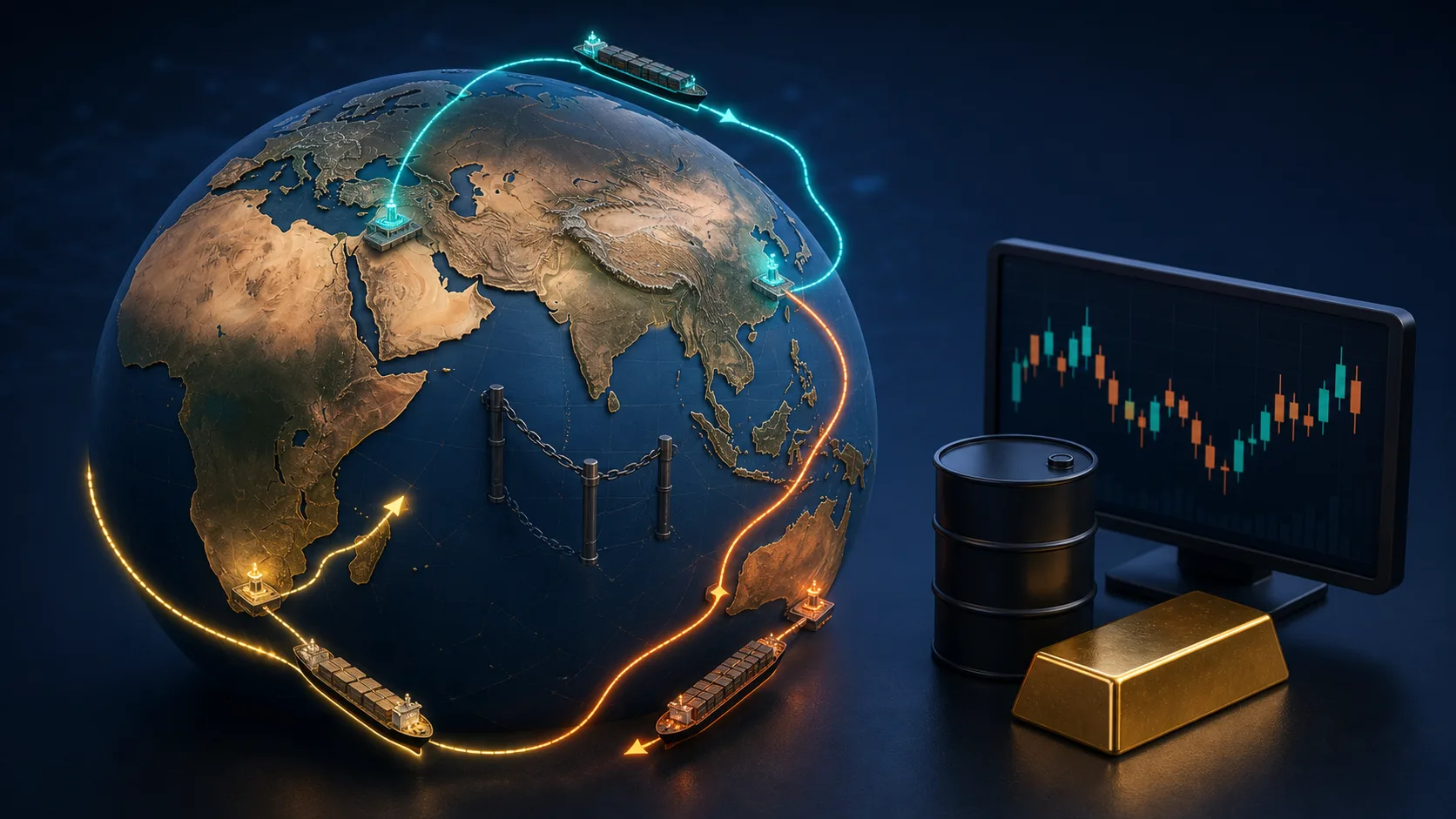 Схема переориентации морских торговых маршрутов и связи с нефтью золотом и валютным рынком